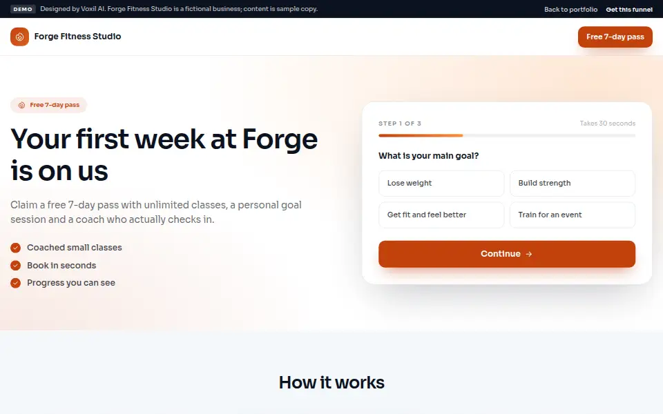 Fitness Studio Growth System demo landing page for Forge Fitness Studio