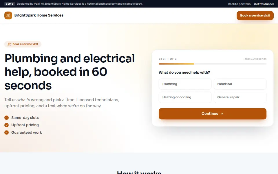 Home Services Lead Automation demo landing page for BrightSpark Home Services