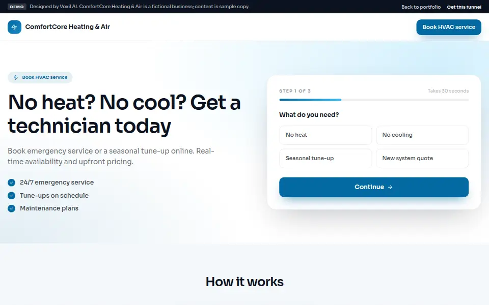 HVAC Service & Maintenance Funnel demo landing page for ComfortCore Heating & Air