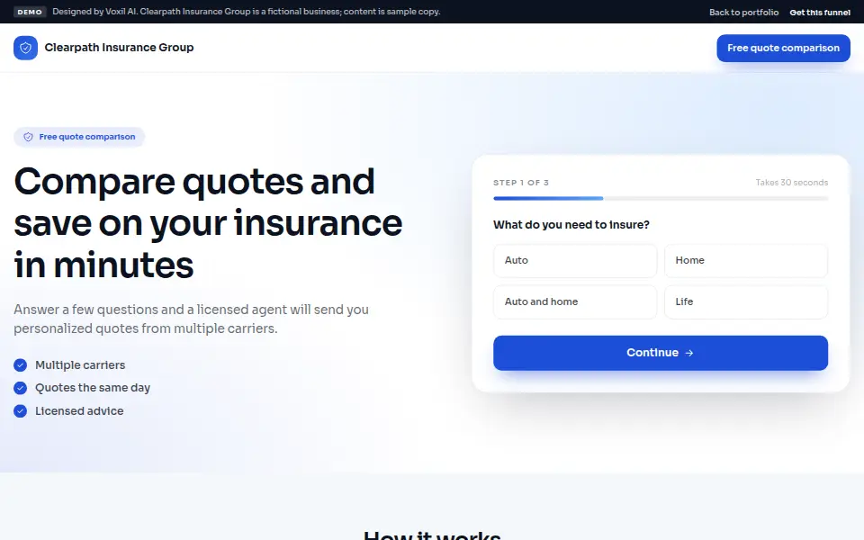 Insurance Agency Full Automation demo landing page for Clearpath Insurance Group
