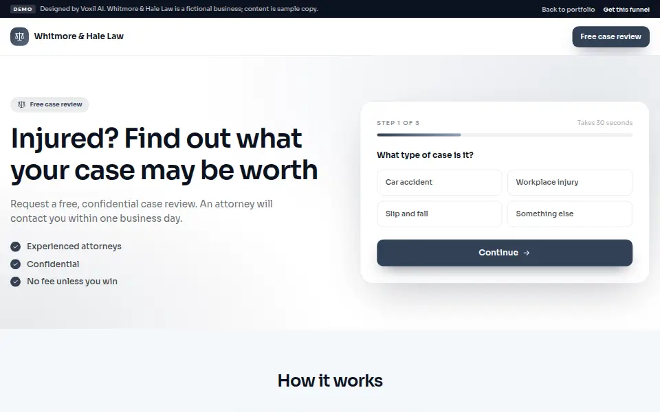 Law Firm Client Intake System demo landing page for Whitmore & Hale Law