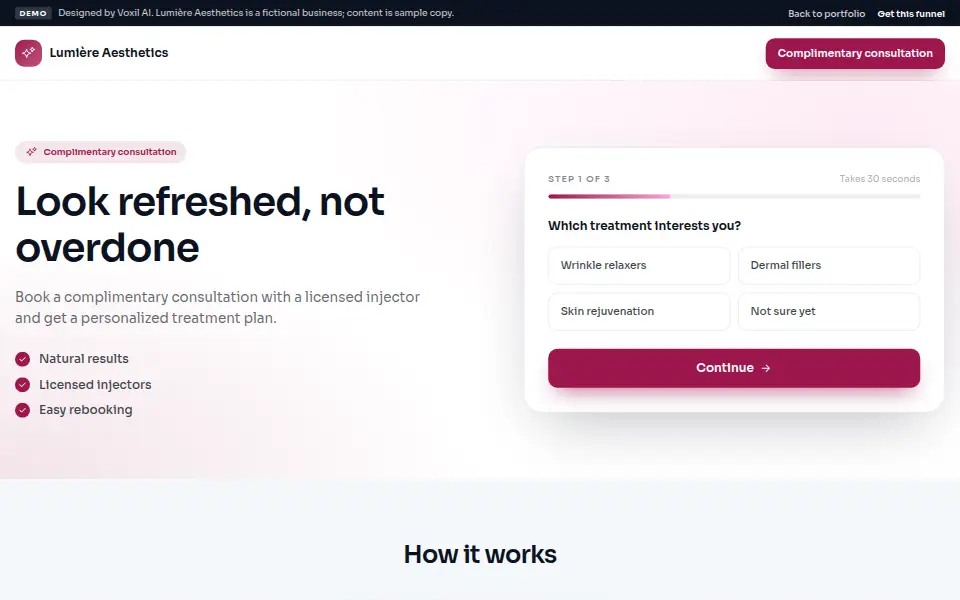 Med Spa Consultation Funnel demo landing page for Lumière Aesthetics