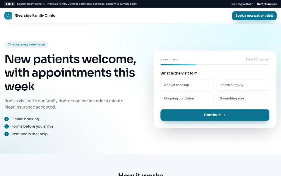 Medical Clinic Patient Growth System demo landing page for Riverside Family Clinic