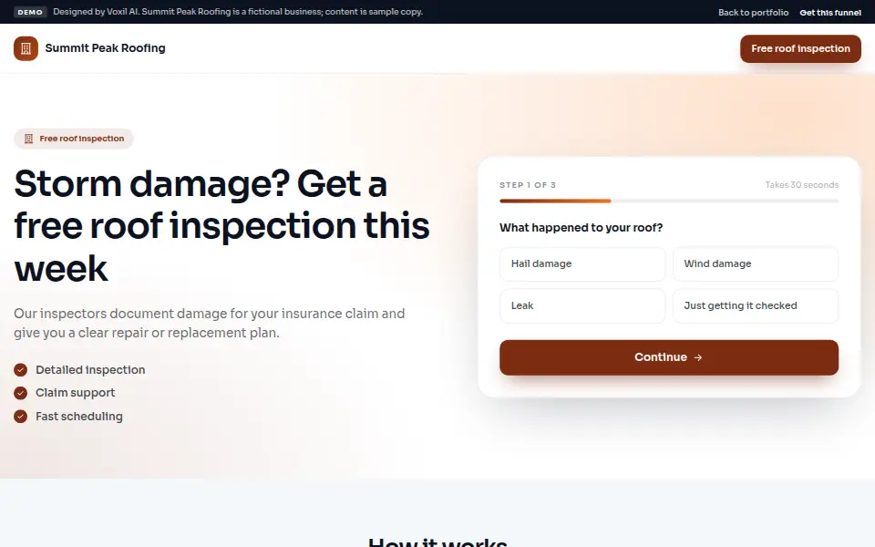 Roofing Storm Lead Funnel demo landing page for Summit Peak Roofing