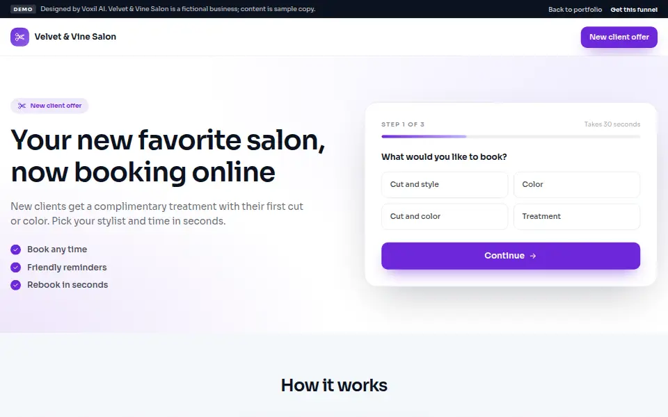 Salon Booking & Rebooking System demo landing page for Velvet & Vine Salon