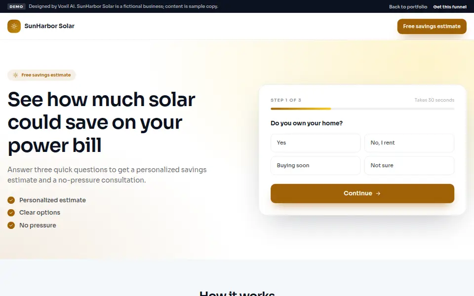 Solar Savings Qualification Funnel demo landing page for SunHarbor Solar